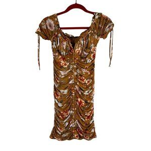 Floral Mesh Mini Dress Brown L Bodycon Sexy Cottage Boho Indie Folk Western 90s